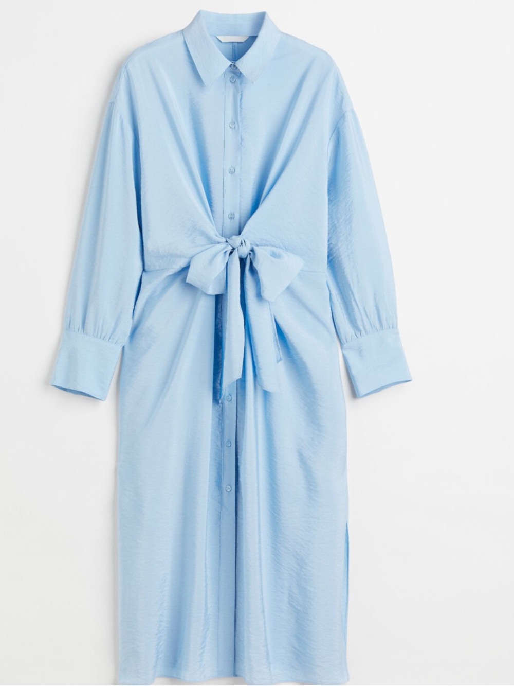 H&M Light Blue Midi Tie-Front Side Slits Shirt Dress Size Small